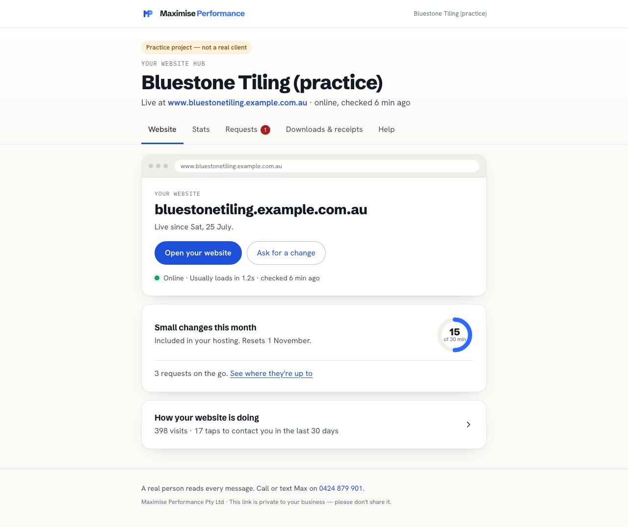 Your hub: your website's address and status, Ask for a change, and how many of this month's changes are left