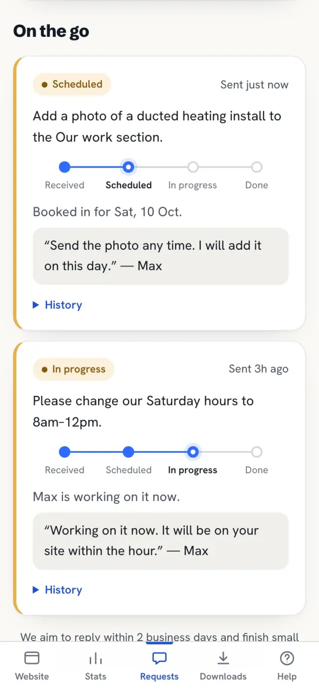The hub's requests: each change you've asked for and where it's up to